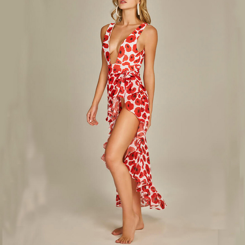 Divatmintás V-nyakú kötőfék bikini 2022 új kötszer szexi hát nélküli egyrészes fürdőruha Elegáns vékony, magas derekú strandruha
