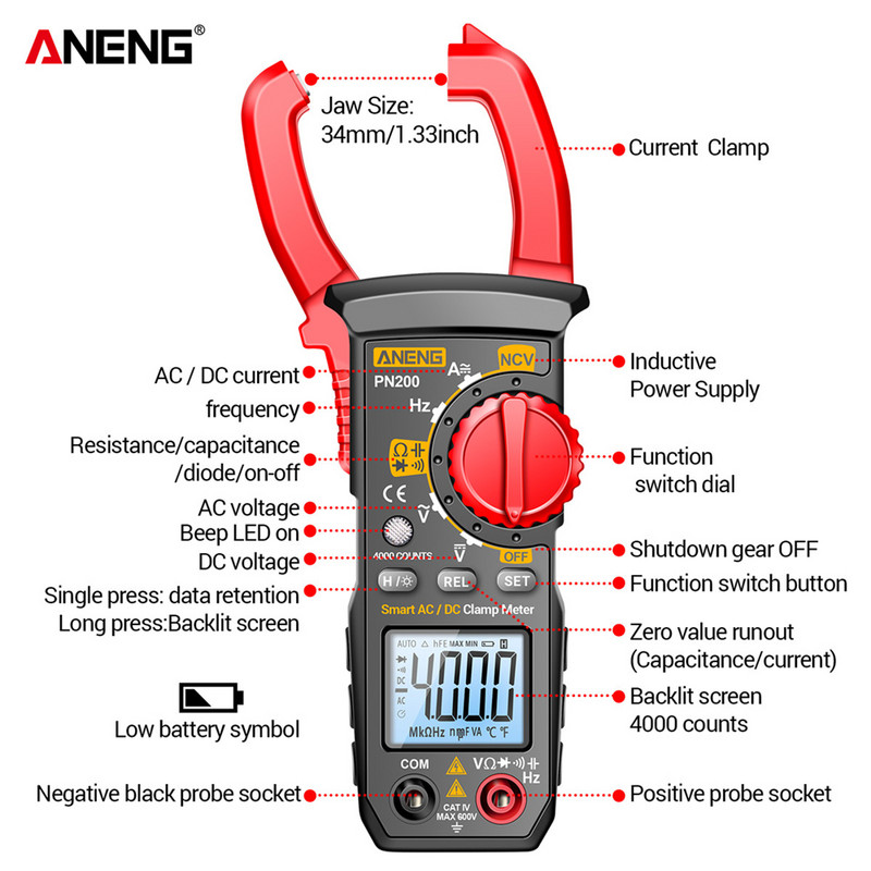 Πολύμετρο DC/AC 600A Digital Clamp Meter 4000 Counts Οθόνη LCD με οπίσθιο φωτισμό Professional NCV Ohm Test Car Hz Capacitance