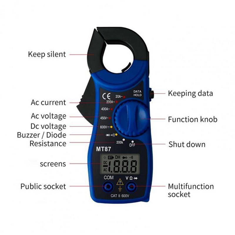 Gnybtas multimetras Ekologiškas DC/AC testeris Daugiafunkcis ampermetras voltmetras omų Hz ABS matavimo įrankis elektrikui