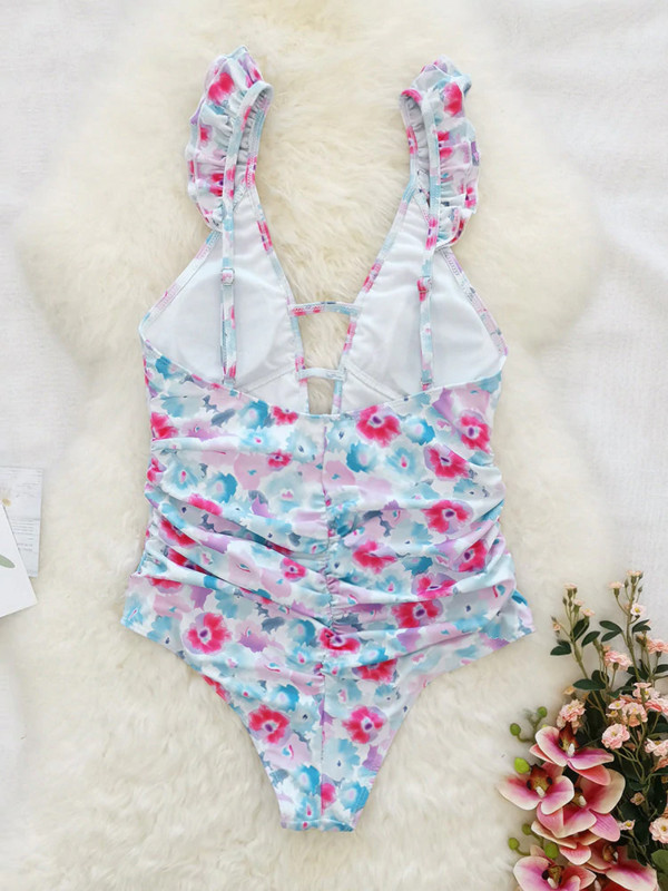 Modni jednodijelni kupaći kostim s cvjetnim uzorkom za 2022. Ženski kupaći kostim s volanima, seksi izrez s V-izrezom Kupaći kostim za plažu veće veličine
