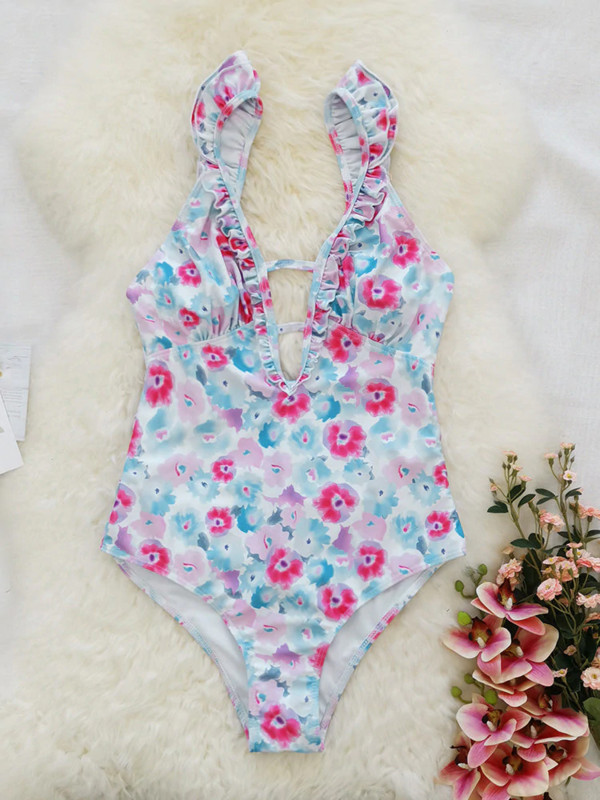 Modni jednodijelni kupaći kostim s cvjetnim uzorkom za 2022. Ženski kupaći kostim s volanima, seksi izrez s V-izrezom Kupaći kostim za plažu veće veličine