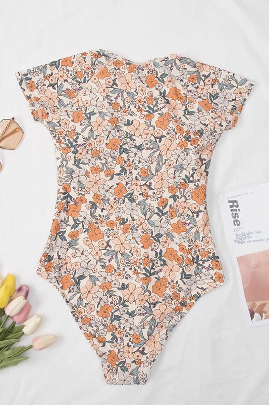 Seksi jednodijelni bikini s cvjetnim printom, modni jednodijelni kupaći kostim s patentnim zatvaračem, kratkih rukava Ljeto Ženska odjeća za plažu Push Up Wimming Biquini 2022.