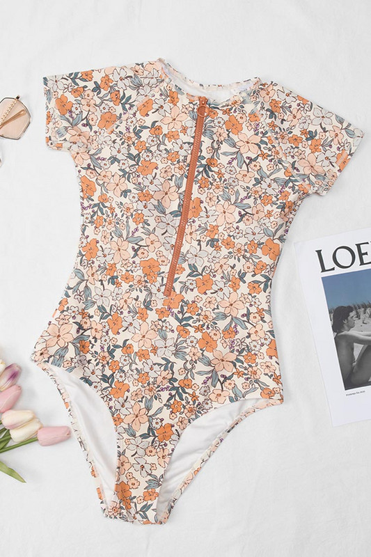 Seksi jednodijelni bikini s cvjetnim printom, modni jednodijelni kupaći kostim s patentnim zatvaračem, kratkih rukava Ljeto Ženska odjeća za plažu Push Up Wimming Biquini 2022.