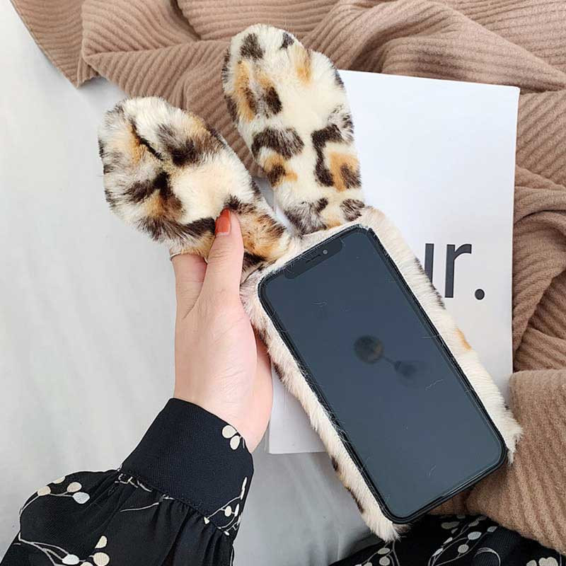 Boucho telefona maciņš tālrunim iPhone 13 12 11 Pro XS Max XR X 6S 7 8 Plus maciņi Jauki truša ausis Pūkainas pūkainas kažokādas Modes leoparda vāciņš