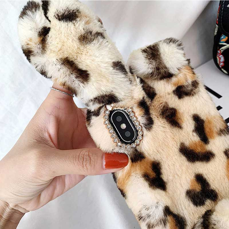 Boucho telefona maciņš tālrunim iPhone 13 12 11 Pro XS Max XR X 6S 7 8 Plus maciņi Jauki truša ausis Pūkainas pūkainas kažokādas Modes leoparda vāciņš