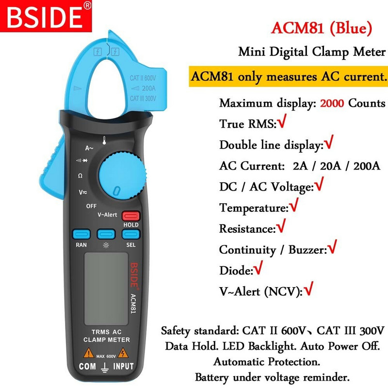 Mini digitális bilincsmérők ACM sorozat True RMS DC AC Áram Feszültség Ohm Hőmérséklet Kapacitás Hz NCV Tesztelő Ampermérő Multiméter