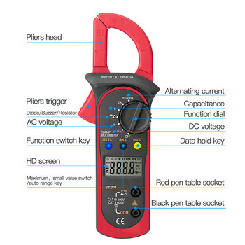 Мултиметър с цифрови клещи 4000 броя Измервател на DC/AC ток Амперметър Волтметър Голям екран Тестер за съпротивление Капацитивност Ом