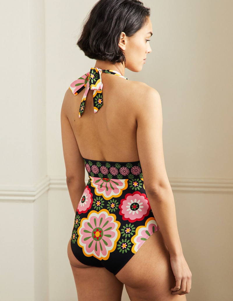 Costum de baie cu decolteu în V adânc cu imprimeu de modă, fără spate