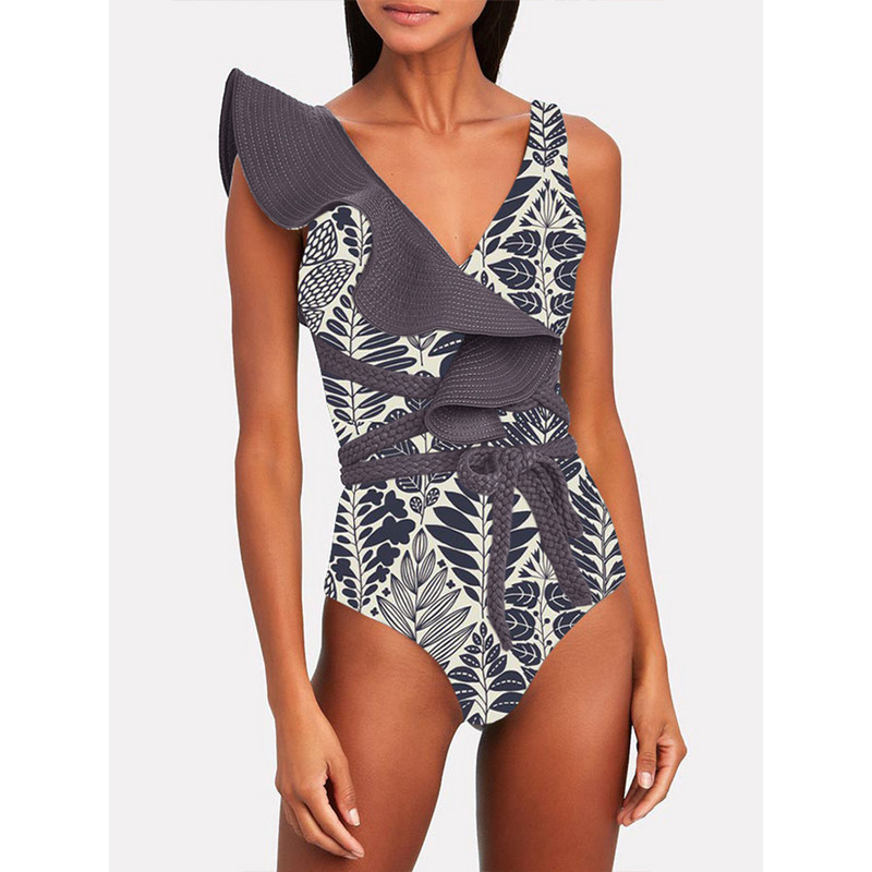 Jednodijelni kupaći kostim s dubokim V-izrezom u boji s volanima s printom i volanima Ženski kupaći kostim na uzicu Luksuzni kratki odmor za ljeto 2022. Bourkini