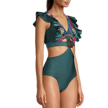 Γυναικείο ρετρό μαγιό One Pieces Deep V Holiday Beachwear Πράσινο ντιζάιν μαγιό Καλοκαιρινό σέρφινγκ