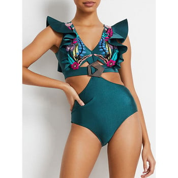 Γυναικείο ρετρό μαγιό One Pieces Deep V Holiday Beachwear Πράσινο ντιζάιν μαγιό Καλοκαιρινό σέρφινγκ