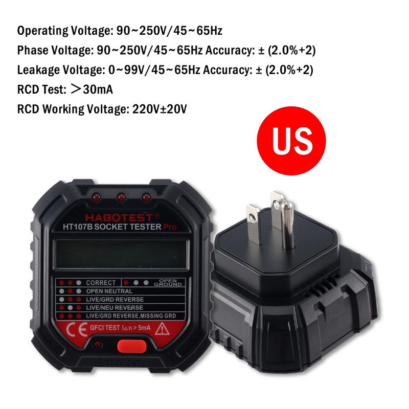 1db Habotest HT107B DE Pro Socket Tester Digitális kijelző Feszültségérzékelő US EU UK Plug Tűz Föld nulla vonal polaritás fázis