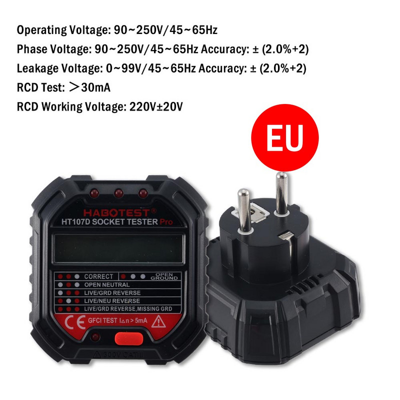 1db Habotest HT107B DE Pro Socket Tester Digitális kijelző Feszültségérzékelő US EU UK Plug Tűz Föld nulla vonal polaritás fázis