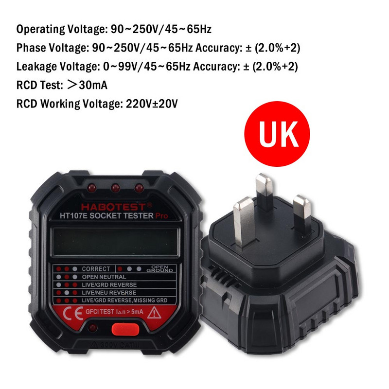 1db Habotest HT107B DE Pro Socket Tester Digitális kijelző Feszültségérzékelő US EU UK Plug Tűz Föld nulla vonal polaritás fázis