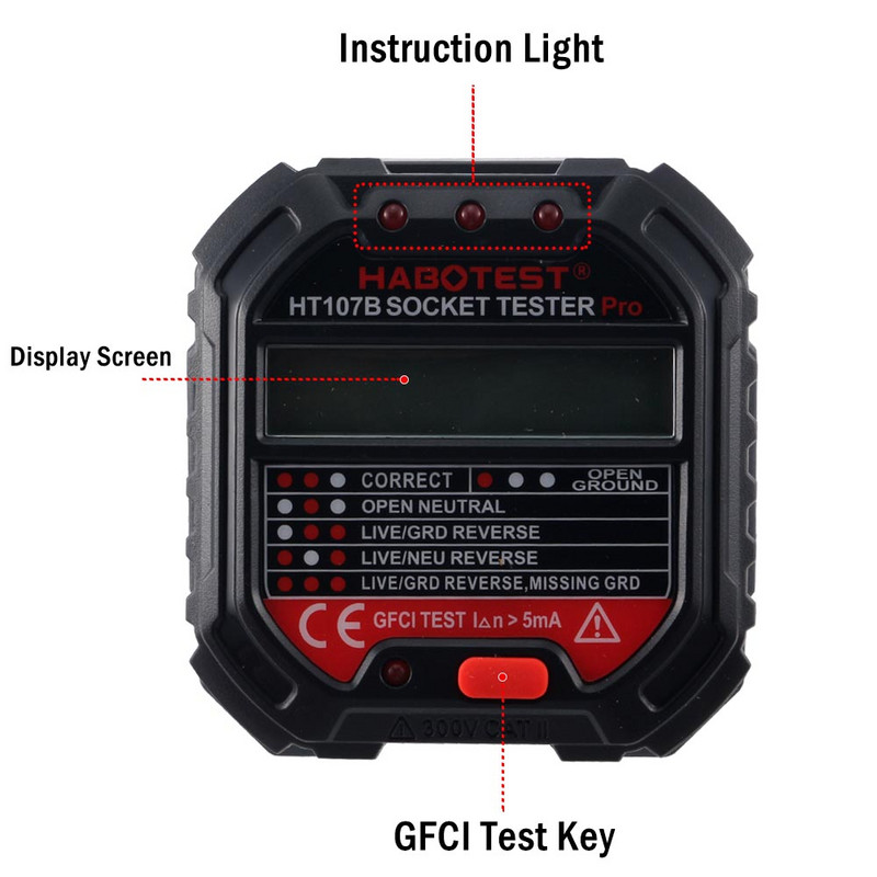 1db Habotest HT107B DE Pro Socket Tester Digitális kijelző Feszültségérzékelő US EU UK Plug Tűz Föld nulla vonal polaritás fázis