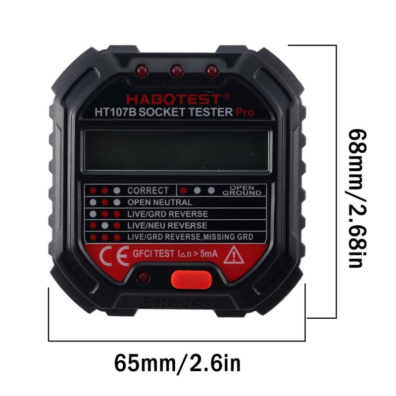 1db Habotest HT107B DE Pro Socket Tester Digitális kijelző Feszültségérzékelő US EU UK Plug Tűz Föld nulla vonal polaritás fázis