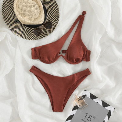 Bikini s rebrastim kopčama Seksi ženski kupaći kostim na jedno rame 2022. Bikini set Soild Kupaći kostimi Patchwork biquini Odjeća za plažu Kupanje
