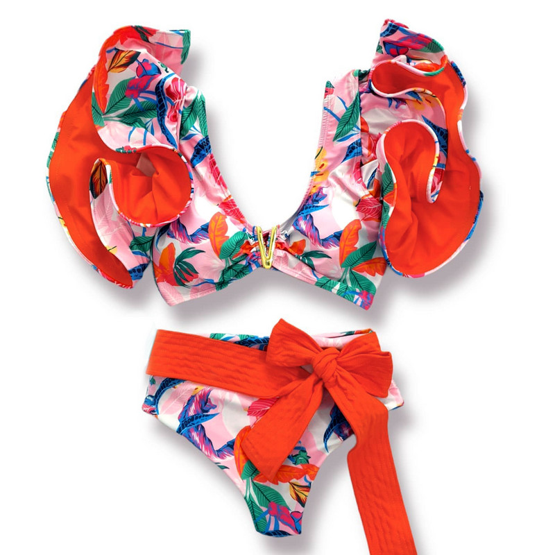 Dvodijelni kupaći kostimi u bikinijima za 2023. Ženski kupaći kostim s volanima s V-izrezom Push up kupaći kostim s printom visokog struka Odjeća za plažu Ljeto