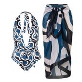 Ženski ljetni jednodijelni kupaći kostim sa suknjom, plavi print, halter izrez, duboki V, luksuzni bikini, dizajnerski kupaći kostim Odjeća za surfanje