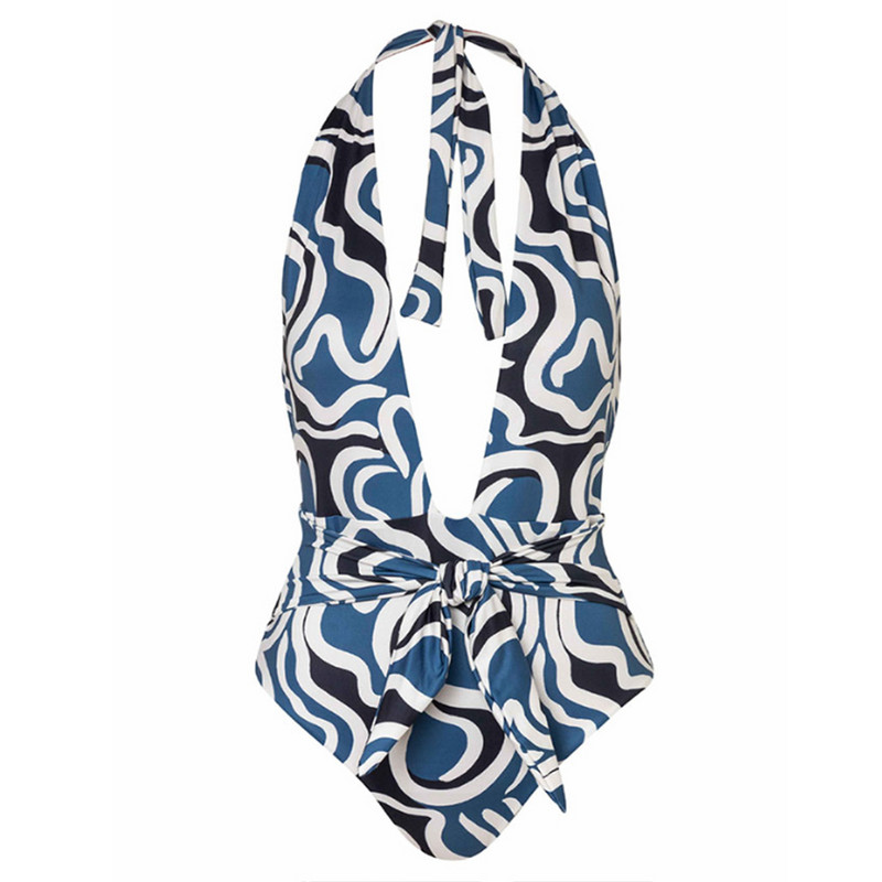 Ženski ljetni jednodijelni kupaći kostim sa suknjom, plavi print, halter izrez, duboki V, luksuzni bikini, dizajnerski kupaći kostim Odjeća za surfanje