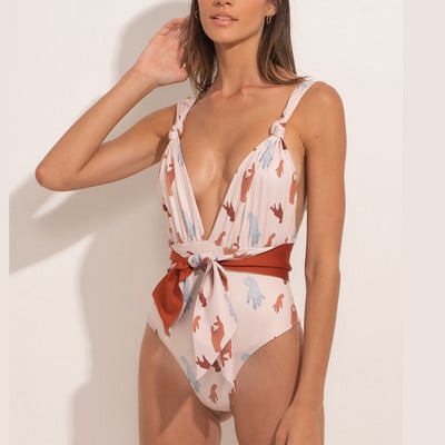Elegantna kravata, duboki V izrez, bikini s printom, modni tanak kupaći kostim, seksi jednodijelna odjeća za plažu s visokim strukom, bešavne spojnice, žene