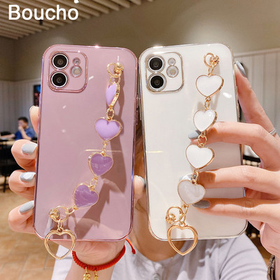 Luksuslikud galvaniseeritud ümbrised iPhone 12 mini 11 Pro Max XS Max X XR 7 8 Plus Love Heart Randmele Chiani rihma käevõru telefoniümbris