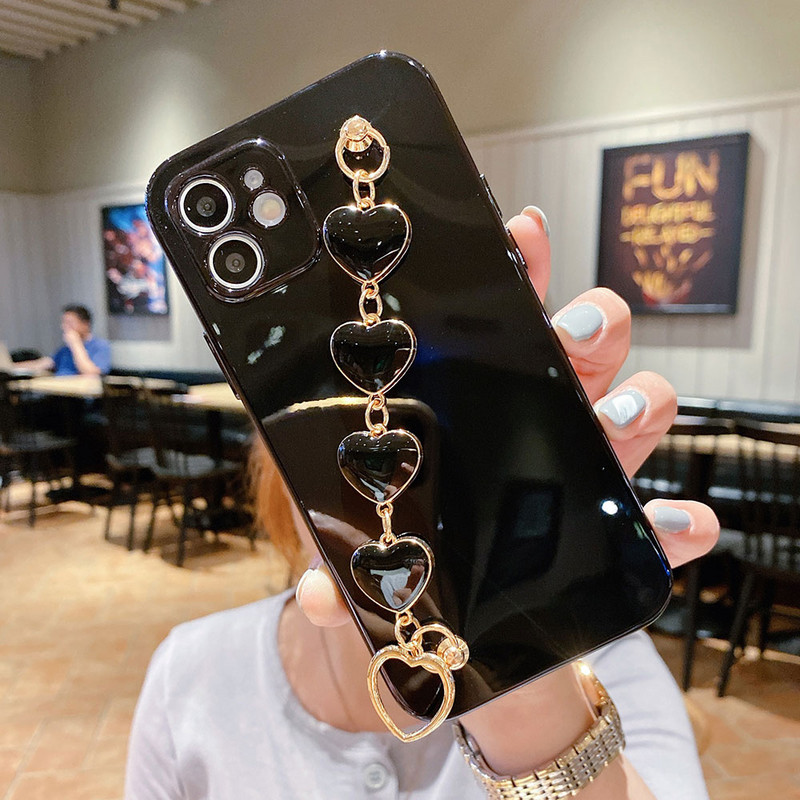 Luksuslikud galvaniseeritud ümbrised iPhone 12 mini 11 Pro Max XS Max X XR 7 8 Plus Love Heart Randmele Chiani rihma käevõru telefoniümbris