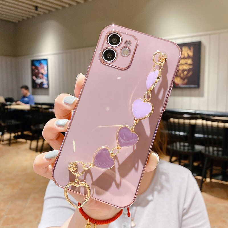 Luksuslikud galvaniseeritud ümbrised iPhone 12 mini 11 Pro Max XS Max X XR 7 8 Plus Love Heart Randmele Chiani rihma käevõru telefoniümbris