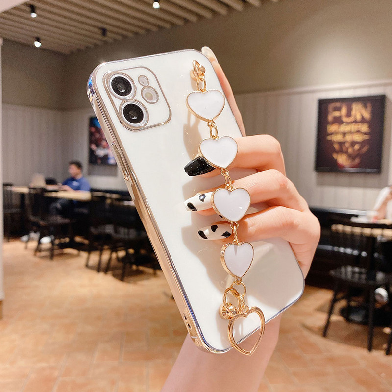 Luksuslikud galvaniseeritud ümbrised iPhone 12 mini 11 Pro Max XS Max X XR 7 8 Plus Love Heart Randmele Chiani rihma käevõru telefoniümbris