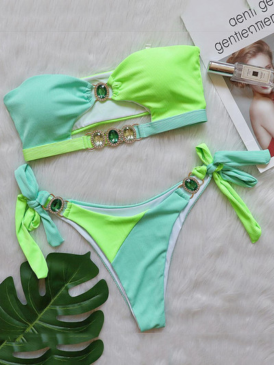 Bikini s rebrastim dijamantima ukrašenim dijamantima Ženski kupaći kostim Bandeau Ženski kupaći kostim Dvodijelni bikini komplet Trokutasti kupaći kostim za kupanje