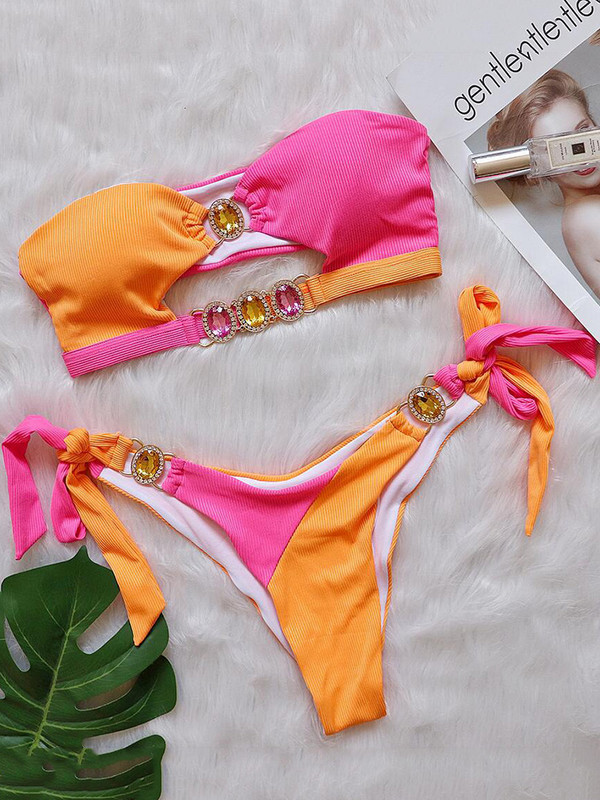 Bikini s rebrastim dijamantima ukrašenim dijamantima Ženski kupaći kostim Bandeau Ženski kupaći kostim Dvodijelni bikini komplet Trokutasti kupaći kostim za kupanje