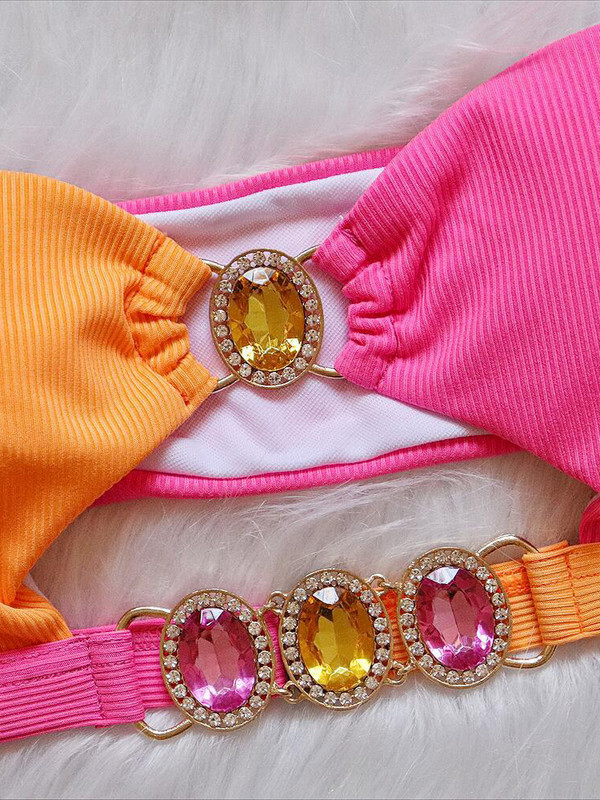 Bikini s rebrastim dijamantima ukrašenim dijamantima Ženski kupaći kostim Bandeau Ženski kupaći kostim Dvodijelni bikini komplet Trokutasti kupaći kostim za kupanje