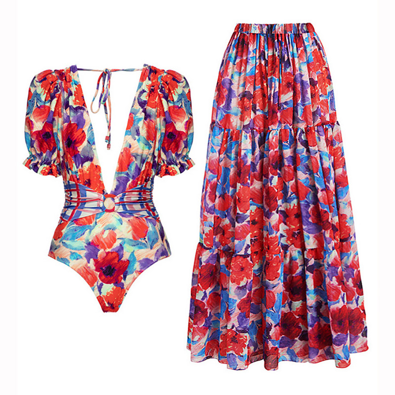 Kupaći kostimi Ženski retro ženski kupaći kostim 2022. Jednodijelni kupaći kostimi Deep-v Odjeća za plažu Puf rukavi Modni otisnuti luksuzni bikini