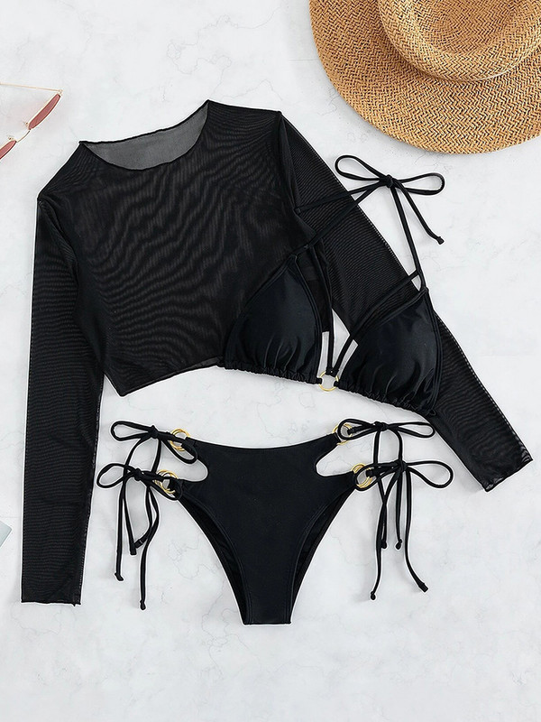 3 KOM Mrežasti prozirni bikini s dugim rukavima i naramenicama Ženski kupaći kostim Ženski kupaći kostim Trodijelni komplet bikinija za kupanje Kupaći kostim za dame