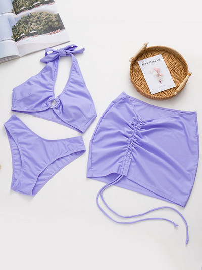 3 vnt. Su sijonu Paplūdimio apranga Halter Bikini Moteriški maudymosi kostiumėliai Moteriški maudymosi kostiumėliai Trijų dalių bikinio rinkinys Maudymosi kostiumėlis, Moteris