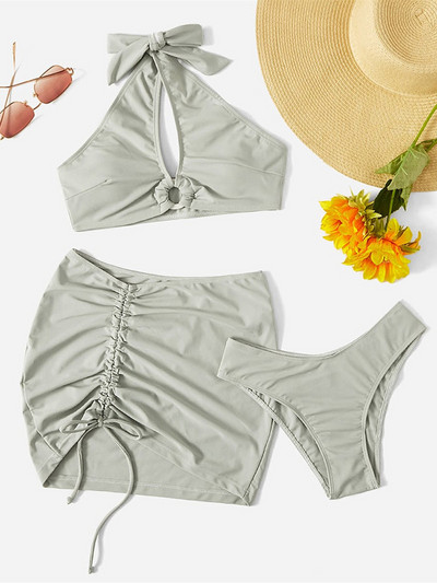 3 vnt. Su sijonu Paplūdimio apranga Halter Bikini Moteriški maudymosi kostiumėliai Moteriški maudymosi kostiumėliai Trijų dalių bikinio rinkinys Maudymosi kostiumėlis, Moteris