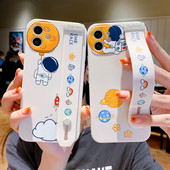 Θήκη τηλεφώνου Cartoon Astronaut Wrist Strap για iPhone 14 12 13 11 Pro Max X Xs Max XR 7 8 Plus SE Holder Μαλακό πίσω κάλυμμα σιλικόνης