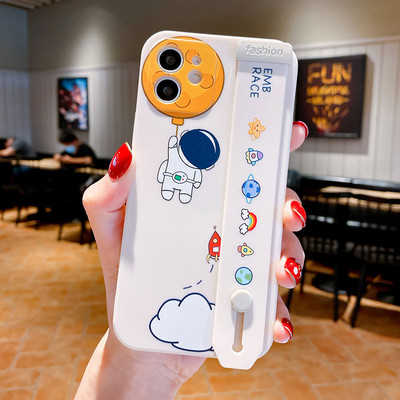 Θήκη τηλεφώνου Cartoon Astronaut Wrist Strap για iPhone 14 12 13 11 Pro Max X Xs Max XR 7 8 Plus SE Holder Μαλακό πίσω κάλυμμα σιλικόνης