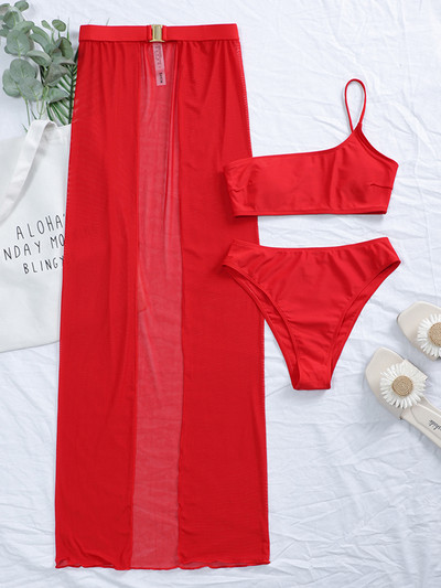 3 KOMADA s dugom mrežastom suknjom Bikini na jedno rame Ženski kupaći kostim Ženski kupaći kostim Trodijelni bikini set Bechwear Kupaći kostim za kupanje