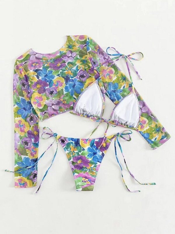Bikini dugih rukava s otisnutim cvjetovima od 3 komada Ženski kupaći kostim Ženski kupaći kostim Trodijelni komplet bikinija s halterima Kupaći kostim za plivanje