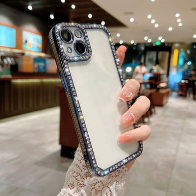 Γυαλιστερή θήκη τηλεφώνου Diamond Frame Clear Case για iPhone 11 12 13 Pro Max XS MAX XR X Διάφανη θήκη από καουτσούκ