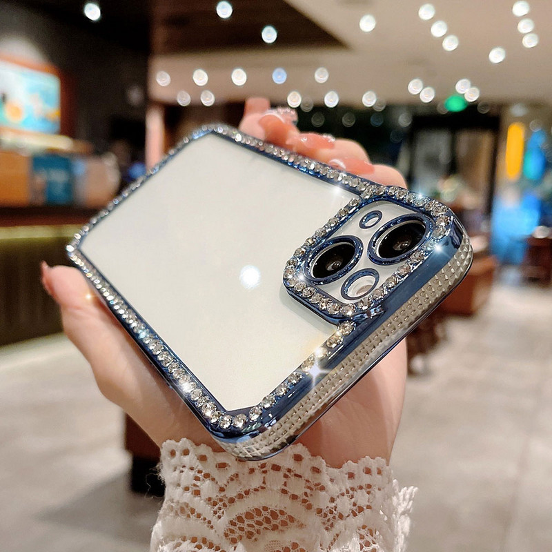 Γυαλιστερή θήκη τηλεφώνου Diamond Frame Clear Case για iPhone 11 12 13 Pro Max XS MAX XR X Διάφανη θήκη από καουτσούκ