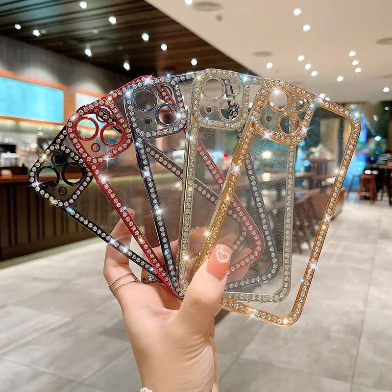 Γυαλιστερή θήκη τηλεφώνου Diamond Frame Clear Case για iPhone 11 12 13 Pro Max XS MAX XR X Διάφανη θήκη από καουτσούκ