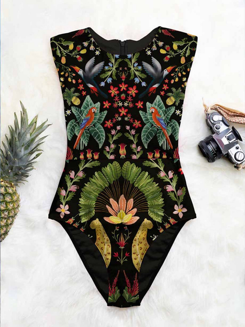 Fashion Print Crew Neck One Piece maudymosi kostiumėlis Vintage maudymosi kostiumėlis vasaros paplūdimio dėvėjimas Push Up plaukimo kostiumai Plonas bikinio rinkinys