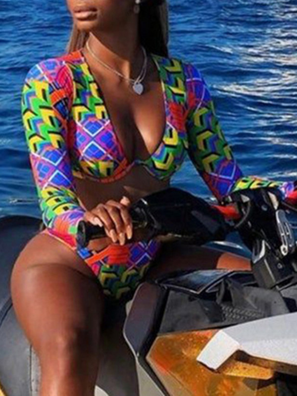 Seksi Push Up bikini s otisnutim rukavima Ženski kupaći kostim s dugim rukavima Ženski kupaći kostim Dvodijelni bikini set Kupaći kostim Ženski kupaći kostim