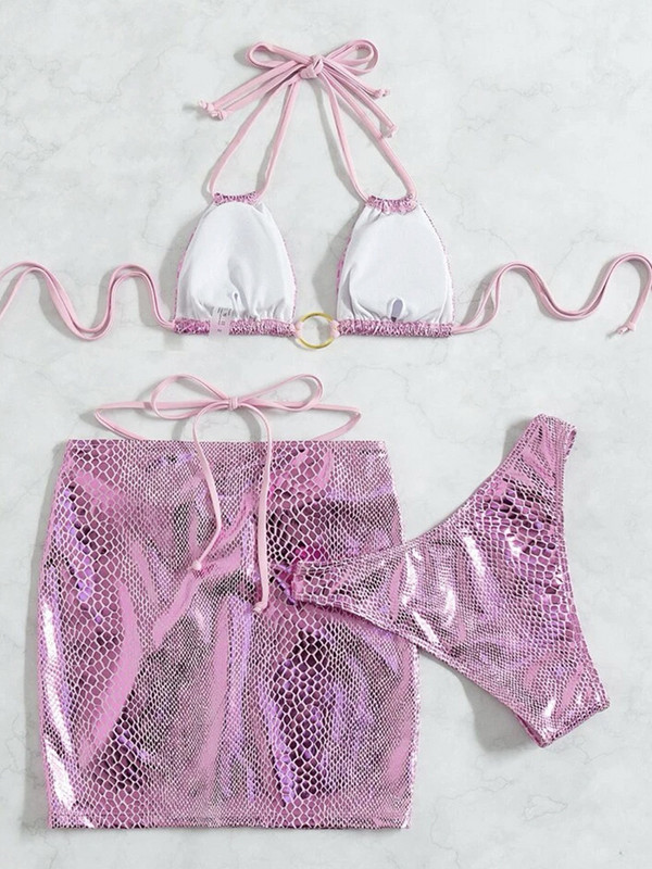 3KOM sa suknjom Sjajni bikini od zmijske kože Ženski kupaći kostim Ženski kupaći kostim Trodijelni komplet bikinija Kupaći kostim Odjeća za plažu za plivanje