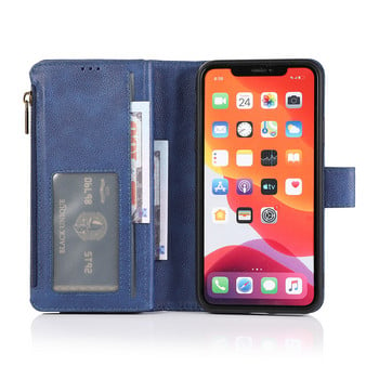 За iphone 13 12 11 Pro max XS XR 6 7 8 Plus Магнитна PU кожена стойка Flip Cover с джоб с цип Слотове за карти Защитен калъф