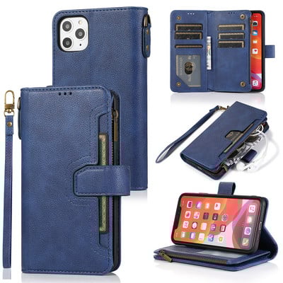 Για iphone 13 12 11 Pro max XS XR 6 7 8 Plus Μαγνητικό δερμάτινο κάλυμμα PU με αναδιπλούμενο κάλυμμα με υποδοχές για κάρτα με φερμουάρ Προστατευτική θήκη