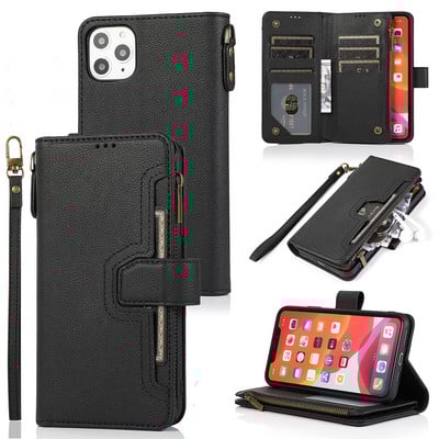 Για iphone 13 12 11 Pro max XS XR 6 7 8 Plus Μαγνητικό δερμάτινο κάλυμμα PU με αναδιπλούμενο κάλυμμα με υποδοχές για κάρτα με φερμουάρ Προστατευτική θήκη