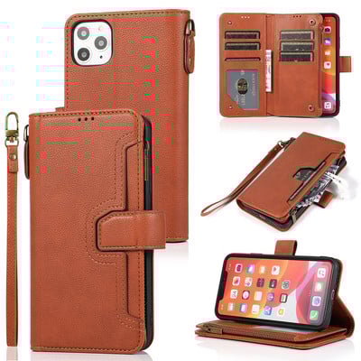 Για iphone 13 12 11 Pro max XS XR 6 7 8 Plus Μαγνητικό δερμάτινο κάλυμμα PU με αναδιπλούμενο κάλυμμα με υποδοχές για κάρτα με φερμουάρ Προστατευτική θήκη